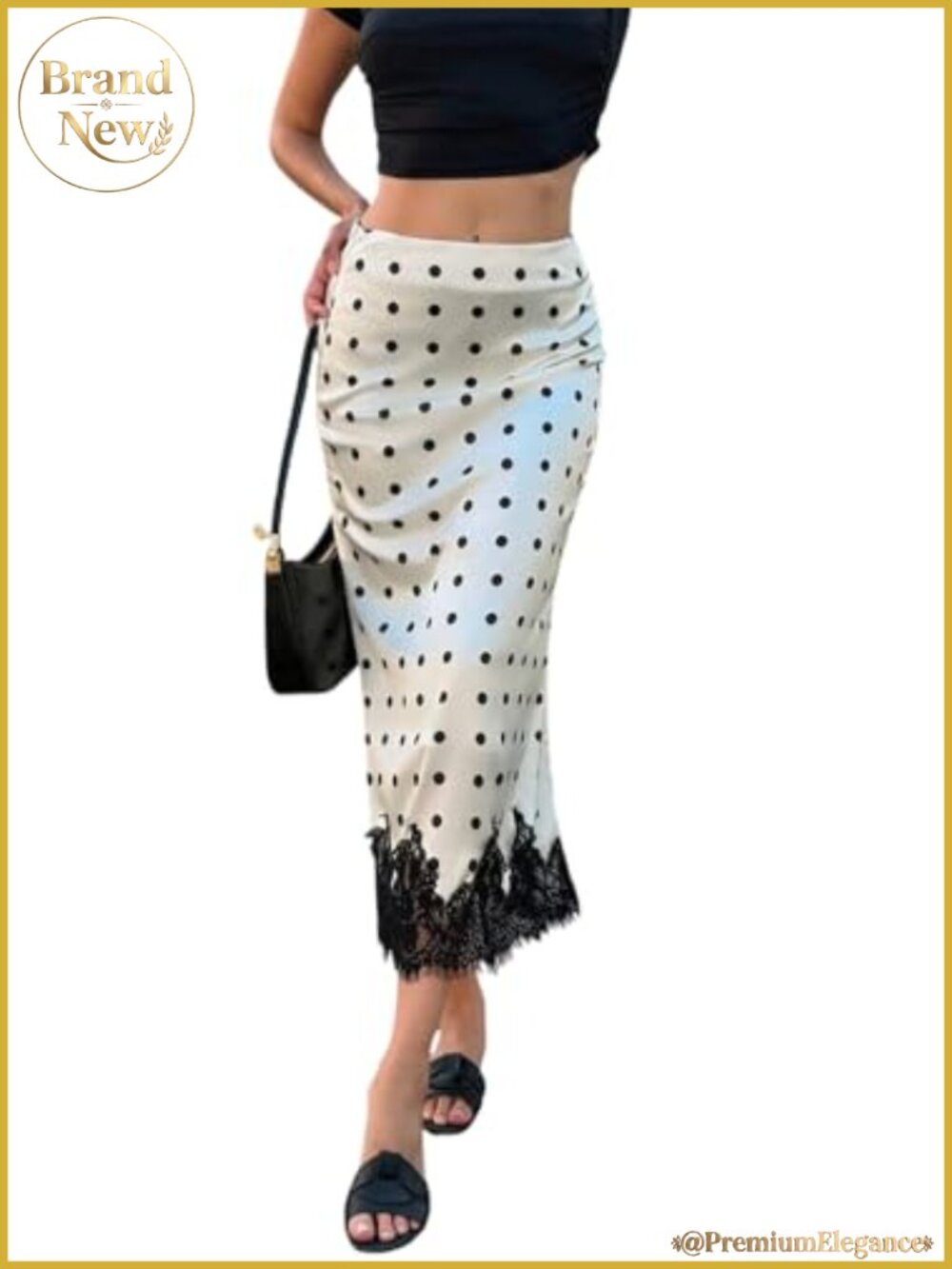Satin Polka Dot Midi Skirt Women Lace Hem A-Line High Waist